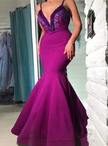 Mermaid V Neck Purple Prom Dresses with Appliques 