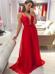 A Line V Neck Red Long Lace Chiffon Prom Dresses