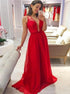 A Line V Neck Red Long Lace Chiffon Prom Dresses LBQ2308