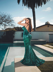 Emeraid Mermaid Sequin Spaghetti Strap Backless Prom Dress LBQ0851