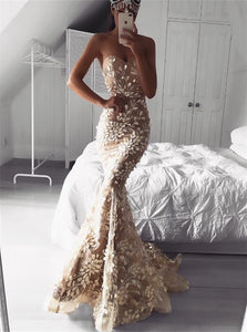Champagne Lace Sweep Train Prom Dresses