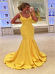 Yellow Satin Sweetheart Straps Ruffles Mermaid Prom Dresses