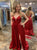 A Line V Neck Red Sequin Lace Up Prom Dresses