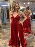 A Line V Neck Red Sequin Lace Up Prom Dress with Pockets and Slit LBQ2016