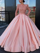 Ball Gown Bateau Long Sleeves Pink Satin Prom Dresses