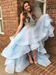 A Line Light Blue Two Pieces High Low Beads Tulle Prom Dresses