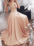 Peach Sweetheart Lace Bodice Sweep Train Stain Prom Dress LBQ1649