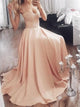 Peach Sweetheart Lace Bodice Sweep Train Stain Prom Dresses