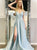 A Line Straps V Neck Slit Satin  Prom Dresses 