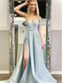 A Line Straps V Neck Slit Satin  Prom Dresses LBQ2611