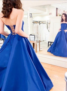 Sweep Train Blue Evening Dresses with Pockets
