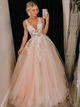 A Line Tulle V Neck Long Prom Dresses With Lace Applique 