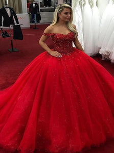 Ball Gown Off the Shoulder Tulle Prom Dresses with Beadings