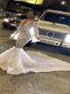Mermaid White V Neck Sheer Feather 3D Leaf Prom Dresses 