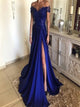 Royal Blue Off the Shoulder Satin Appliques Prom Dress with Slit