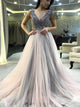 A Line Tulle V Neck Appliques Pleats Prom Dresses 