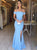 Mermaid Off the Shoulder Short Sleeves Satin Blue Prom Dresses