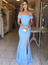 Mermaid Off the Shoulder Short Sleeves Satin Blue Prom Dress with Split LBQ2941