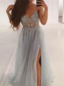 A Line V Neck Straps Grey Side Slit Beaded Prom Dresses