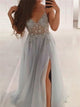 A Line V Neck Straps Grey Side Slit Beaded Prom Dresses