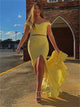 Yellow Lace Two Pieces Mermaid Off the Shoulder Prom Dresses