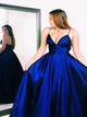 Navy Blue Sweep Train Sleeveless Prom Dresses