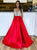 A Line V Neck Red Satin Prom Dresses