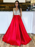 A Line Red V Neck Satin Prom Dresses with Beaded Top LBQ2129