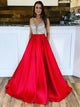 A Line V Neck Red Satin Prom Dresses