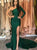 One Long Sleeves Dark Green Satin Prom Dress with Slit