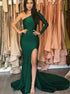 One Long Sleeves Dark Green Satin Prom Dress with Slit LBQ2686