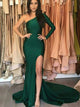 One Long Sleeves Dark Green Satin Prom Dress with Slit