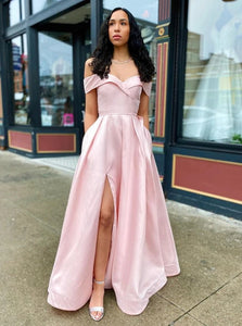 A Line Off the Shoulder Pink Satin Prom Dresses