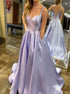 A Line Spaghetti Straps Stain Criss Cross Prom Dresses with Pockets LBQ2290