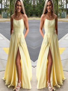 Spaghetti Straps Yellow Chiffon Prom Dresses with Slit