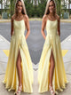 Spaghetti Straps Yellow Chiffon Prom Dresses with Slit