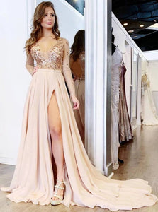Chiffon Long Sleeves Open Back Prom Dresses with Slit