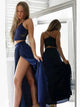 Navy Blue Two Piece Spaghetti Straps Prom Dresses with Slit
