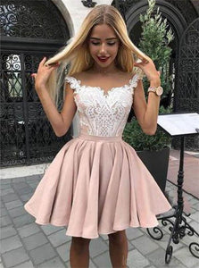 Cap Sleeves Dusty Pink Satin Appliques Short Prom Dresses