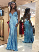 Mermaid Spaghetti Strap V Neck Sky Blue Sequin Lace Up Prom Dresses