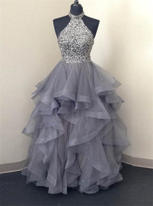 A Line Halter Tulle Beads Ruffles Prom Dresses