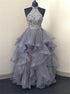 A Line Halter Tulle Beads Ruffles Prom Dress LBQ3172