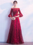 Burgundy Off The Shoulder Sequins Tulle Prom Dress LBQ1625