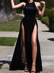 A Line Hater Sexy High Side Slit Black Chiffon Sequins Prom Dresses LBQ2558