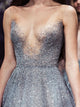 V Neck Sequin Tulle Silver Sleeveless Prom Dresses