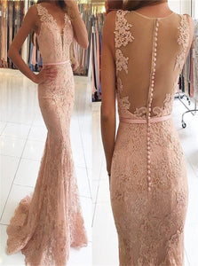 Mermaid Pink V Neck Sexy Lace Long Prom Dresses 
