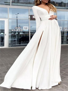 A Line V Neck White Prom Dresses with Floor Length