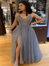 A Line Spaghetti Straps Grey Tulle Prom Dress With Beading Split LBQ2111