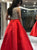 A Line Scoop Red Satin Appliques Floor Length Prom Dresses LBQ1875