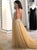 A Line Golden V Neck Tulle Sequins Floor Length Prom Dresses
